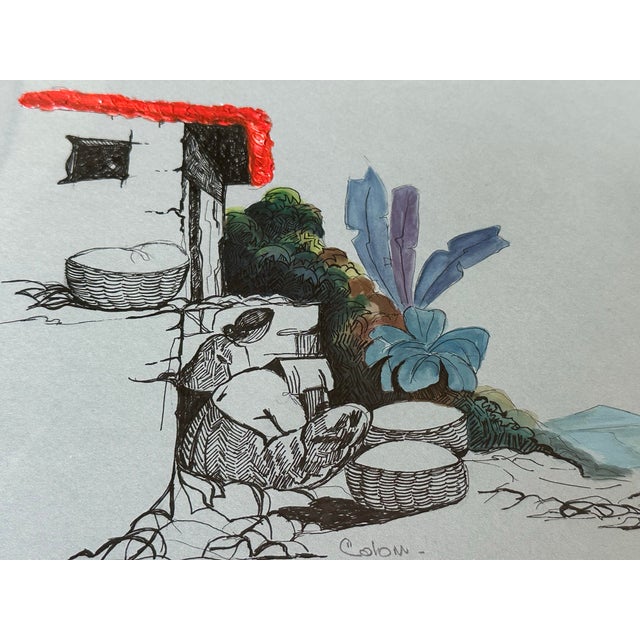1990s 1990s Modernist Mixed Media Pen & Ink Illustration, Framed 14x20 For Sale - Image 5 of 10