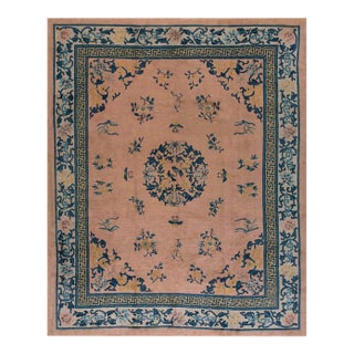 1930s Pink Rose Medallion Antique Chinese Peking Carpet 8' 'X 10' Handknotted Wool Rug For Sale