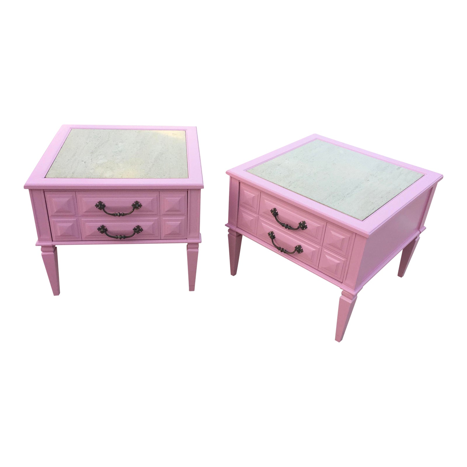 MidCentury Modern Travertine Top Pink Lacquer Side Tables/ Nightstands