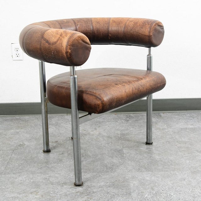 1960s Mid Century Danish Modern Lounge Chair Brown Leather Round Back Steel Cobra Seat For Sale In Sacramento - Image 6 of 12