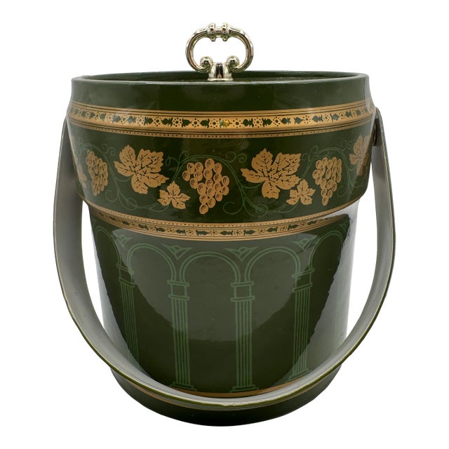 Vintage 1960s Ceramic Hollywood Regency Green & Gold Vinyl Ice Bucket With Handle For Sale