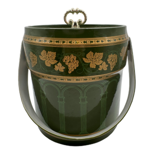 Vintage 1960s Ceramic Hollywood Regency Green & Gold Vinyl Ice Bucket With Handle