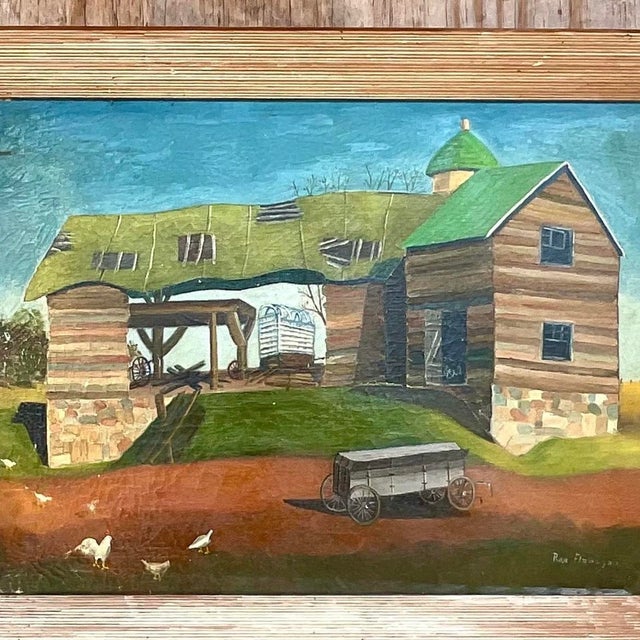 Vintage Signed American Folk Art Farm Landscape Oil Painting For Sale - Image 13 of 13