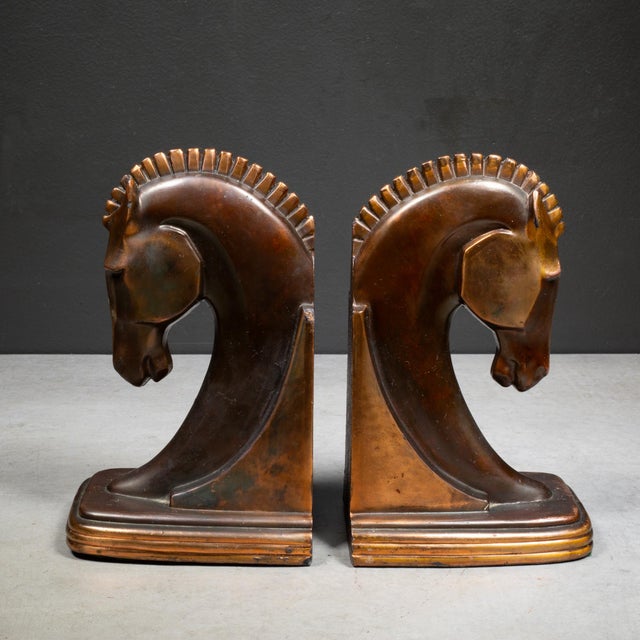 Art Deco Art Deco Bronze & Copper Plated Trojan Horse Bookends c.1930 For Sale - Image 3 of 7