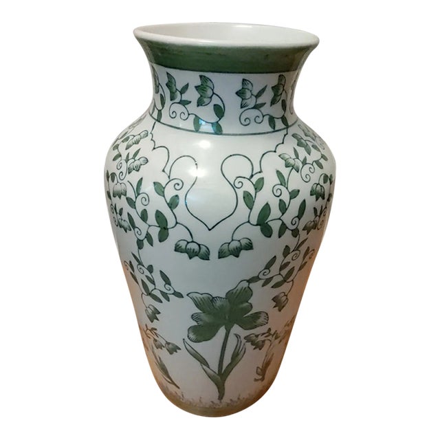 Vintage Green and White Chinoiserie Style Floral Ceramic Vase For Sale