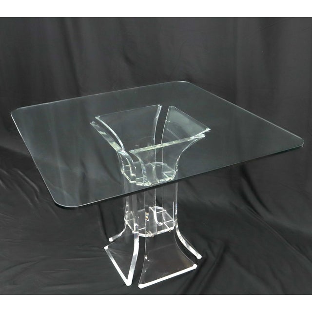 Mid-Century Modern Set of 4 Lucite Dining Chairs Square Dining Table on Single Pedestal Base For Sale - Image 3 of 18
