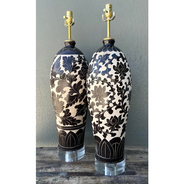 Vintage Matte Glazed Ceramic Floral Lamps - A Pair For Sale - Image 9 of 12