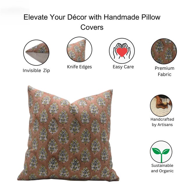 Fabdivine Handcrafted Block Print Cushion Cover 24x24 Inch Duck Canvas- Betal Leaf For Sale - Image 4 of 4