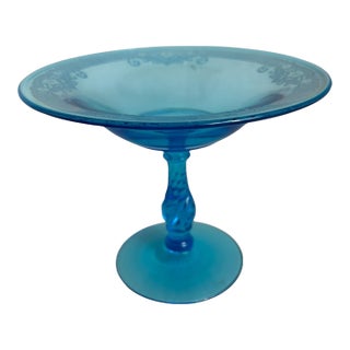 1926 Antique Fostoria Compote Bowl Blue Glowing Glass Vesper Pattern For Sale