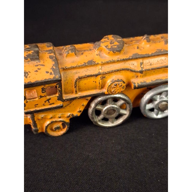 Orange Antique Kilgore Cast Iron Train Set Orange Locomotive Coal Tender Passenger Car For Sale - Image 8 of 18