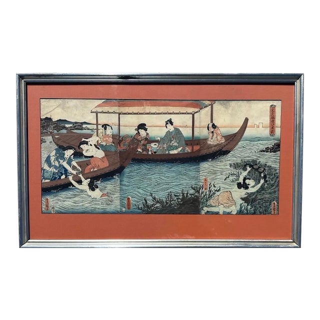 Antique Woodblock Print Triptych Utagawa Kunisada (Toyokuni Iii), 1858, Framed For Sale