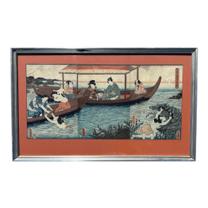 Antique Woodblock Print Triptych Utagawa Kunisada (Toyokuni Iii), 1858, Framed
