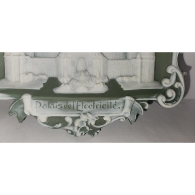 Victorian Antique Schafer and Vater Green Jasperware Palais d'Electricite Commemorative Bisque Porcelain Dish For Sale - Image 3 of 14