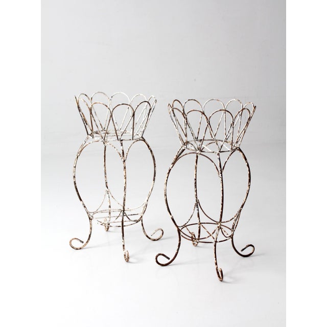 White Vintage Metal Plant Stands Pair For Sale - Image 8 of 16