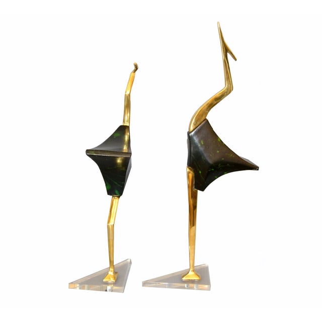 Stylized Brass and Wood Crane Sculptures on Lucite Base - a Pair For Sale - Image 4 of 13