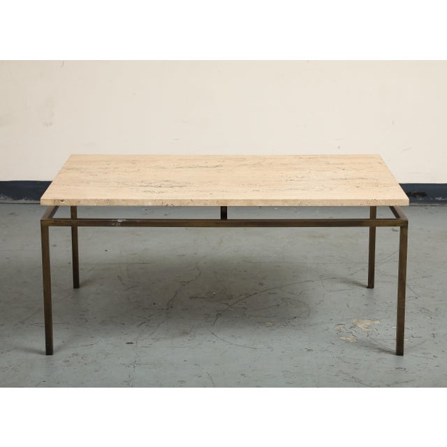 Modern Late 20th Century Modernist Brass Coffee Table With Travertine Top For Sale - Image 3 of 18