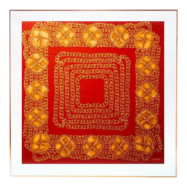 Framed Chanel Silk Scarf 1980s - Orange Gold Frame For Sale