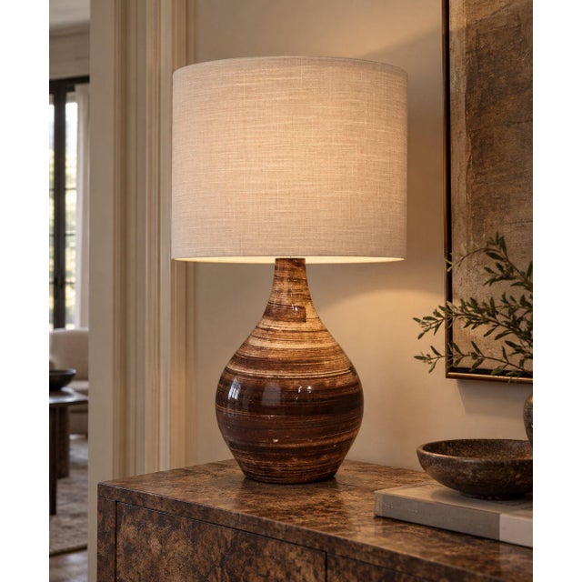 Gordon & Jane Martz, American Mid-Century Modern, Large Banded Table Lamp, Brown Glazed Ceramic, Walnut, USA, 1960s A...