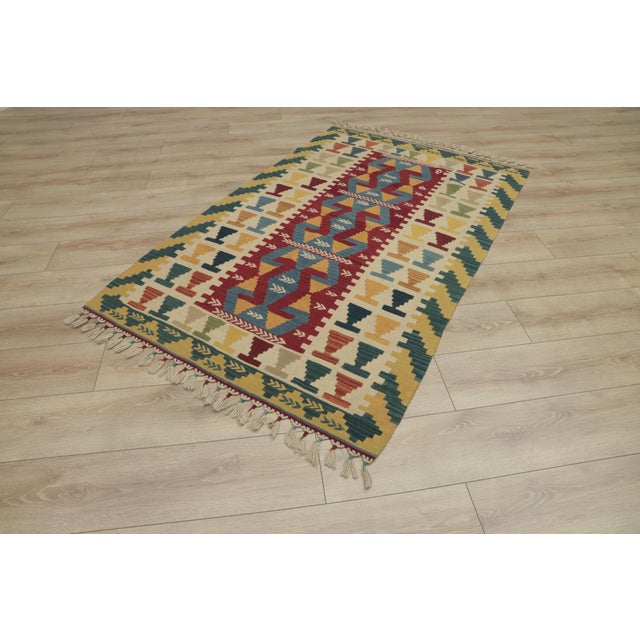 1970s Boho Style Turkish Vintage Geometric Design Handmade Oushak Kilim Rug For Sale - Image 4 of 13