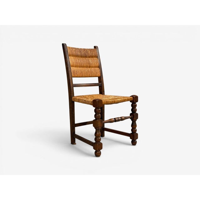 Wood Charles Dudouyt Style, Eight Rustic Dining Chairs, Oak, Rush, France, 1940s For Sale - Image 7 of 10
