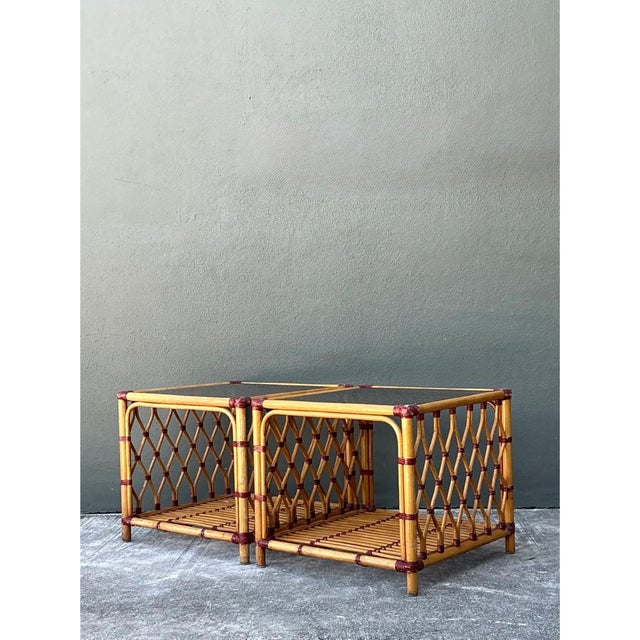 Late 20th Century Vintage Trellis Rattan and Glass Side Tables - Pair For Sale - Image 5 of 12