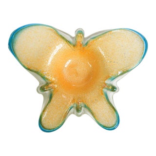 Late 20th Century Peach Silver and Turquoise Butterfly Murano Glass Bowl For Sale