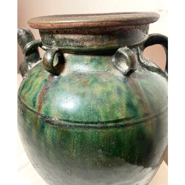 Antique Handmade Chinese 18th Century Pottery Terracotta Green Glaze Wine Jug For Sale - Image 10 of 12