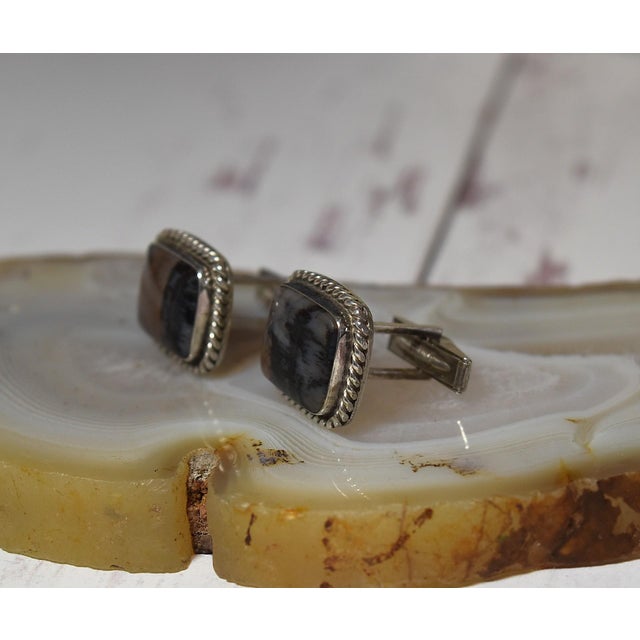 Mid 20th Century Vintage Sterling Silver Dendritic Agate Cufflinks, A Pair For Sale - Image 5 of 18