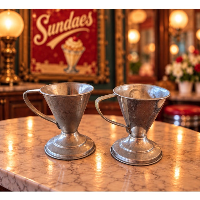 Step back into the golden age of soda fountains with this charming pair of antique Vortex Sanitary Service metal sundae...