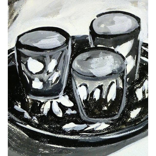 Bold mid-century still-life painting with plates and cups by French artist Chantal Jouvin, circa 1950. Original artwork on...