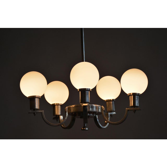 Art Deco Chandelier in Nickel, Steel and Opaline Glass, Czech, 1920s For Sale - Image 9 of 10