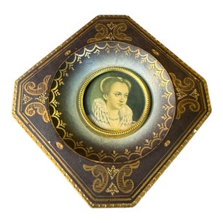 Small 19th Century French Miniature Painting of an Elizabethan Era Figure Set in a Blue and Gold Diamond-Shaped Frame For Sale