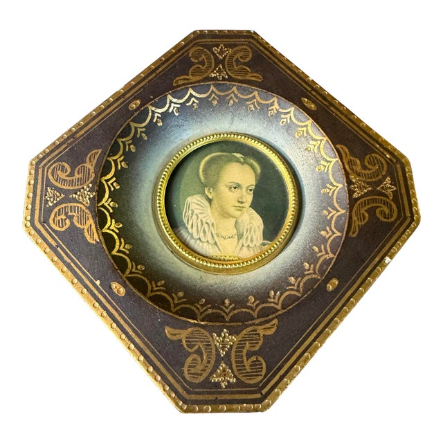 Small 19th Century French Miniature Painting of an Elizabethan Era Figure Set in a Blue and Gold Diamond-Shaped Frame For Sale