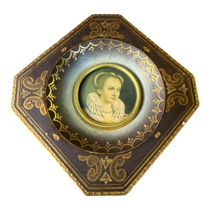 Small 19th Century French Miniature Painting of an Elizabethan Era Figure Set in a Blue and Gold Diamond-Shaped Frame