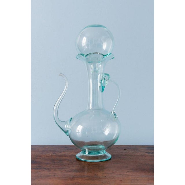 19th Century Spanish Teal Blown Glass Ewer with Stopper For Sale - Image 3 of 11