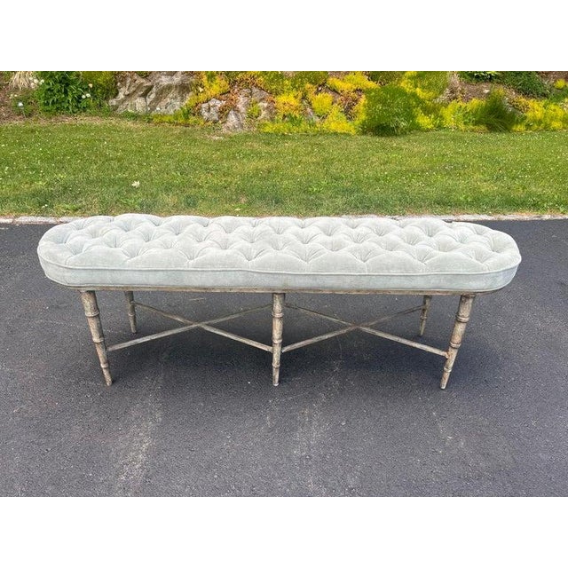Chinoiserie Modern Faux Bamboo Tufted Velvet Bench in Grey Blue Upholstery For Sale - Image 3 of 18