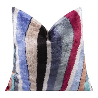 Handmade Velvet Throw Pillow - 16x16 Inches, Naturally Vegetable-Dyed, Premium Down Feather Insert - Multicolor Striped Design For Sale