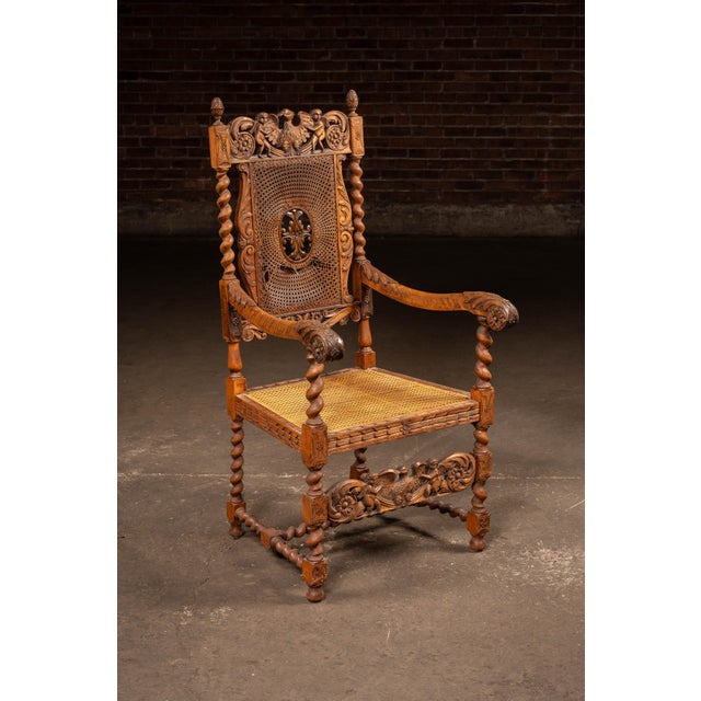 19th Century 19th Century Ornate Carved Throne With Intricate Cane Backrest For Sale - Image 5 of 17