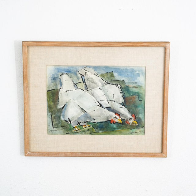 Mid Century Modern Watercolor George Constant Chickens Signed Painting Original For Sale - Image 11 of 12