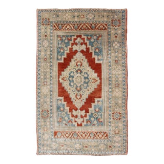 Medallion Vintage Turkish Oushak Turkish in Mid-Century Modern Red, Cream and Light Blue For Sale