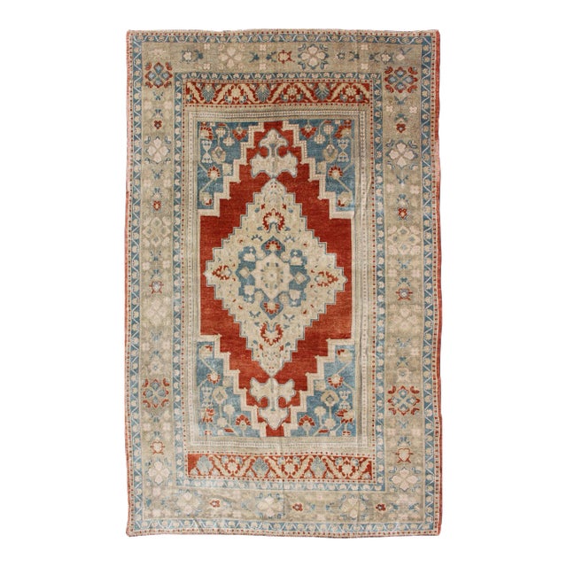 Medallion Vintage Turkish Oushak Turkish in Mid-Century Modern Red, Cream and Light Blue For Sale