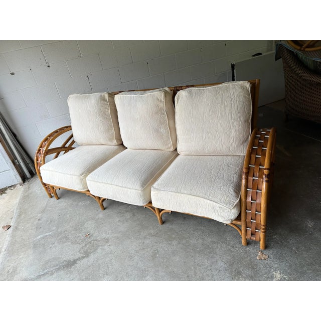 1990s Whitecraft by Woodard Furniture Woven Leather & Rattan Sofa For Sale - Image 5 of 8