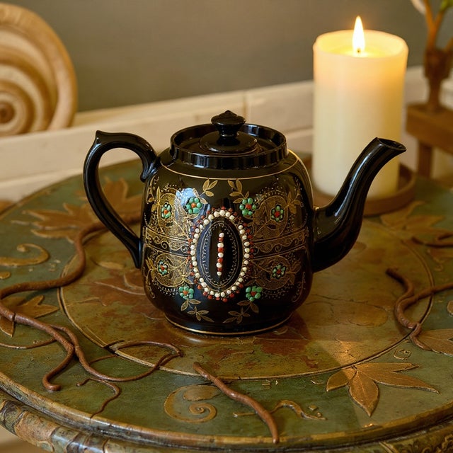 Victorian Antique Lingard Webster Teapot-Black Gilt-Enamel-Staffordshire England-Victorian For Sale - Image 3 of 10
