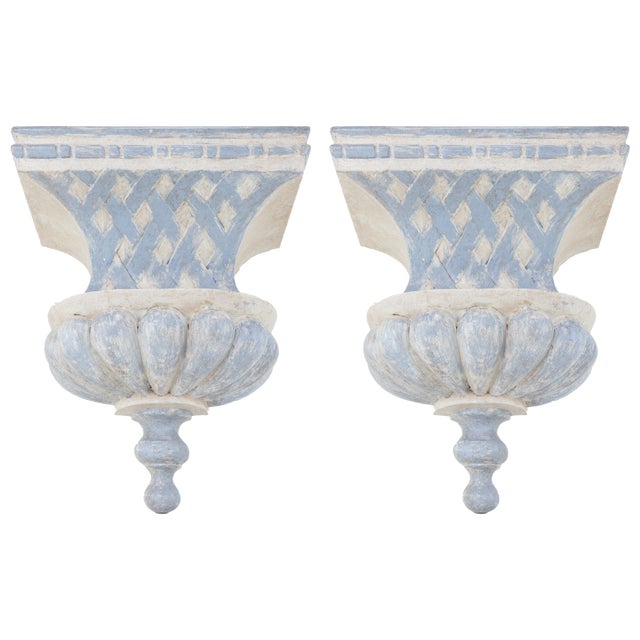 Pair of French Provincial Style Carved Wall Brackets – Aged Blue & White Finish For Sale - Image 11 of 11