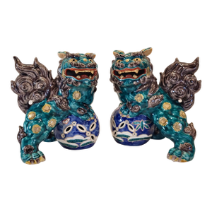 Pair of Mid-Century Ceramic Polychrome Foo Dogs