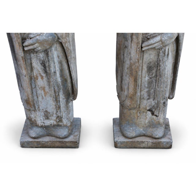 Pair Monumental Antique 48" Solid Stone Chinese Court Lady Figure Statues Tang Style For Sale - Image 12 of 18