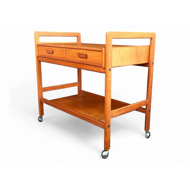 1960s Danish Modern Teak Bar Cart – Restored Two-Tier Design With Drawers and Casters For Sale - Image 11 of 18