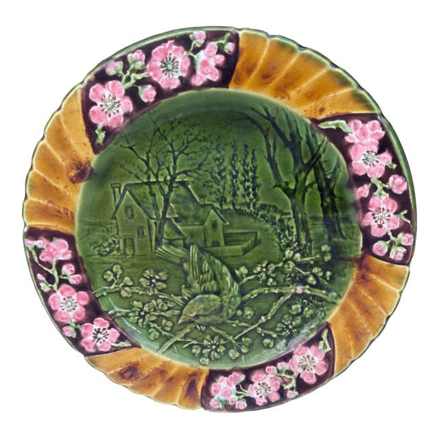 19th Majolica Bird Sarreguemines Plate For Sale