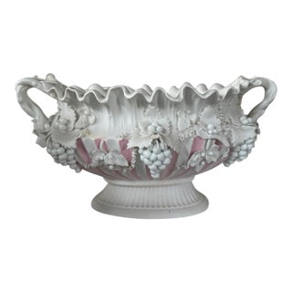 Antique Parian Bisque Porcelain Grape Leaf Decorated Double Handled Compote Bowl For Sale