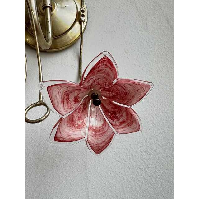 Metal Mid-Century Modern Pink Murano Glass Lily Wall Light by Franco Luce for Seguso, 1970s For Sale - Image 7 of 11